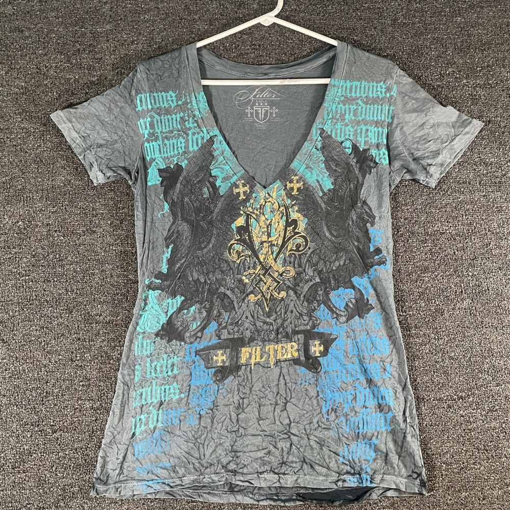 Filter Grunge Graphic Tee Womens Large Grey Good V-Neck Gothic Y2K USA Made